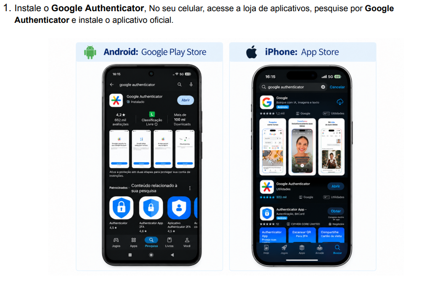 Capturas das lojas Google Play Store e App Store mostrando o Google Authenticator