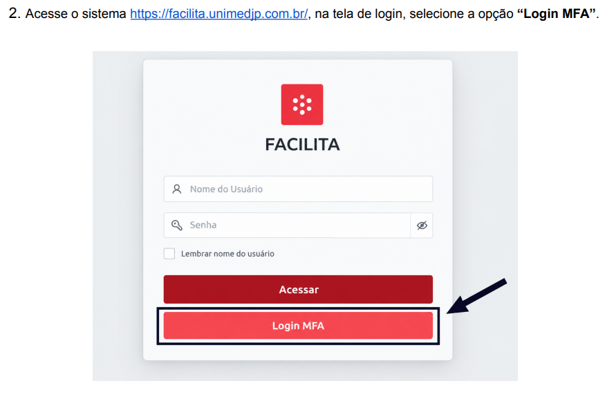 Tela de login do Facilita com a opção Login MFA destacada