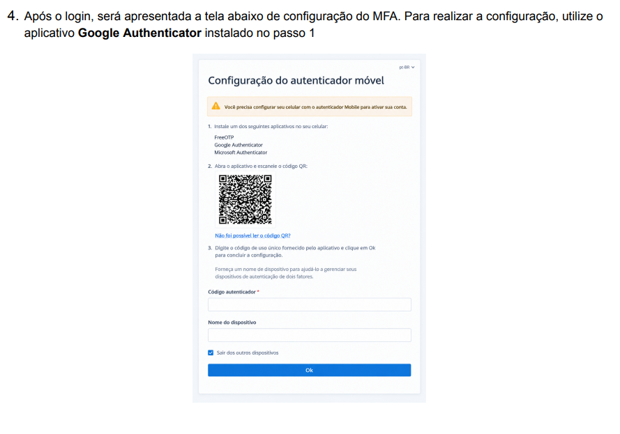 Tela de configuração do autenticador móvel com QR Code no Facilita